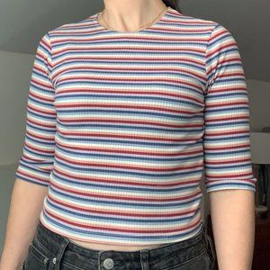 Reformation Cropped Ribbed T-shirt in Multicolored Stripe Size XS